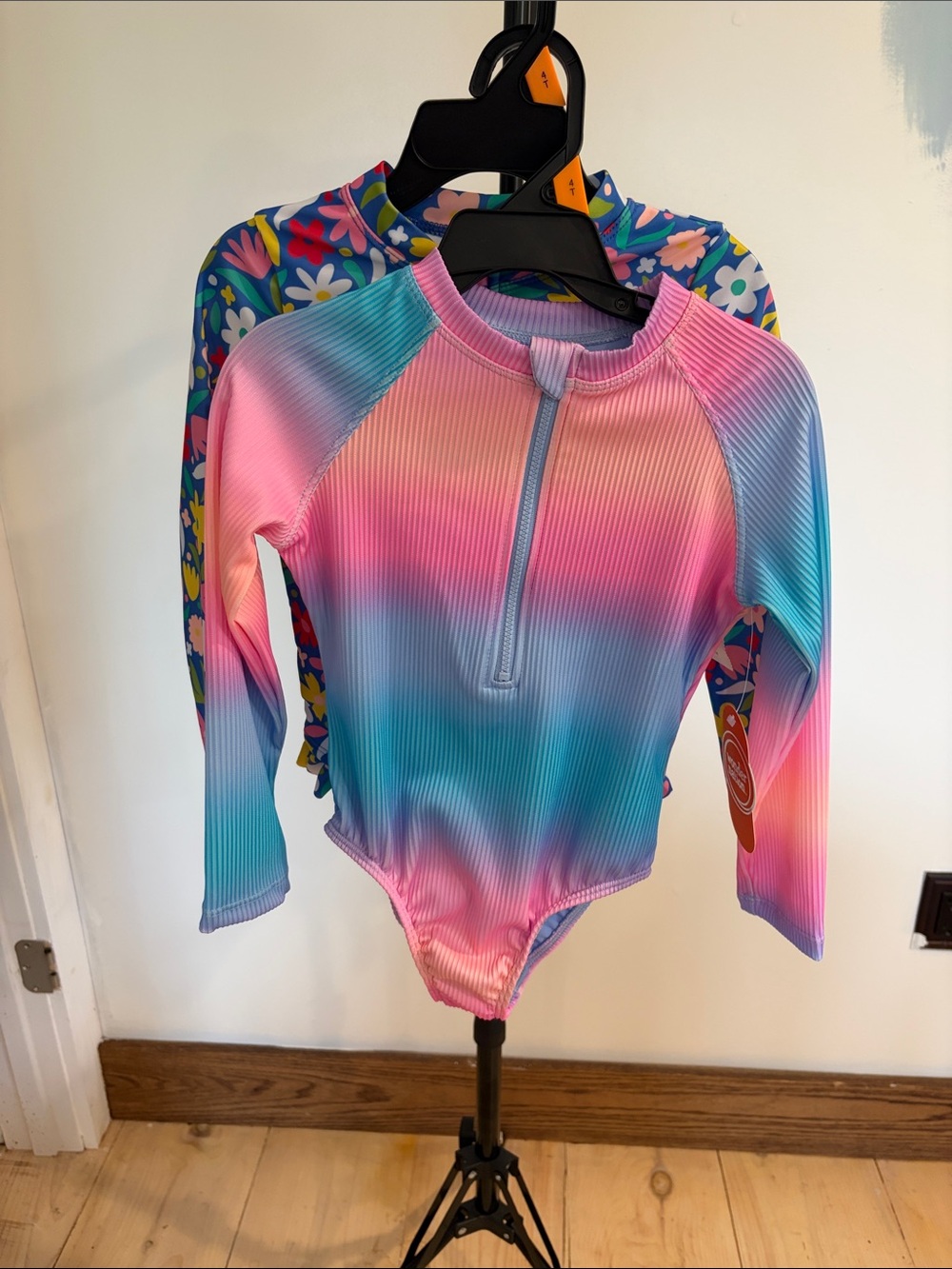 Lot of 2 Girls Long-Sleeve Rash Guard Swimsuits-NWT Size 4T-Floral and Tie Dye